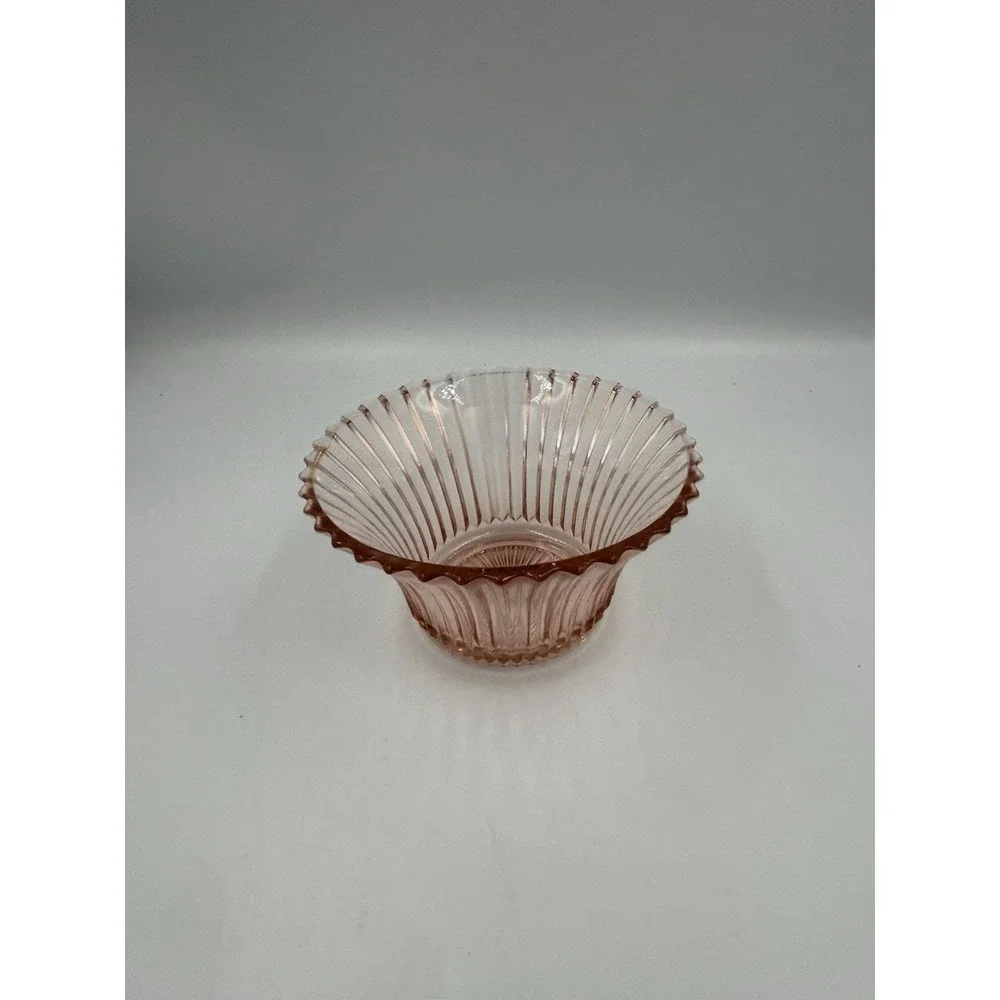 Pink Pressed Glass Ribbed Round Bowl Scalloped Rim 6 in Diameter